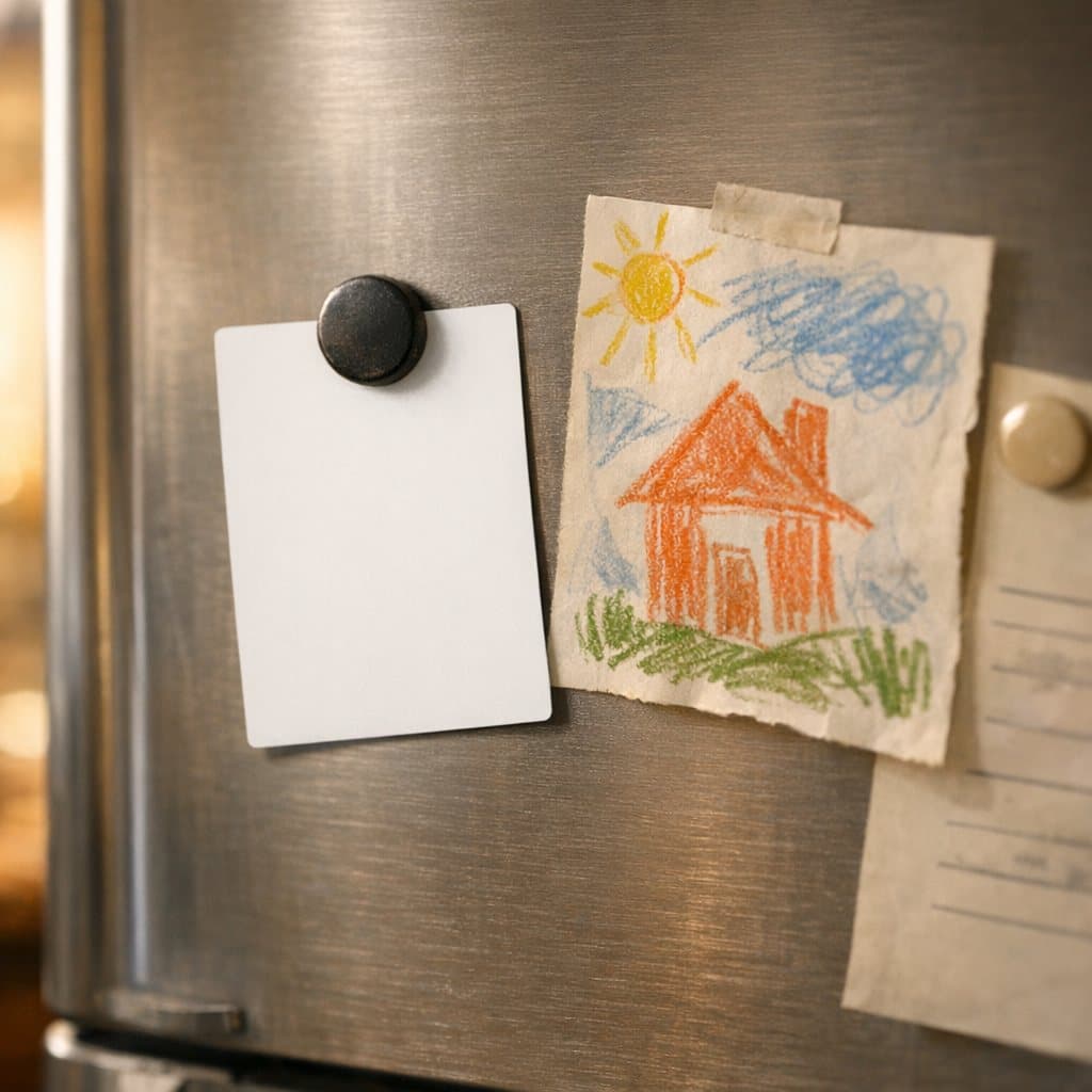 A rookie card held to a fridge door by a magnet, beside a child's crayon drawing