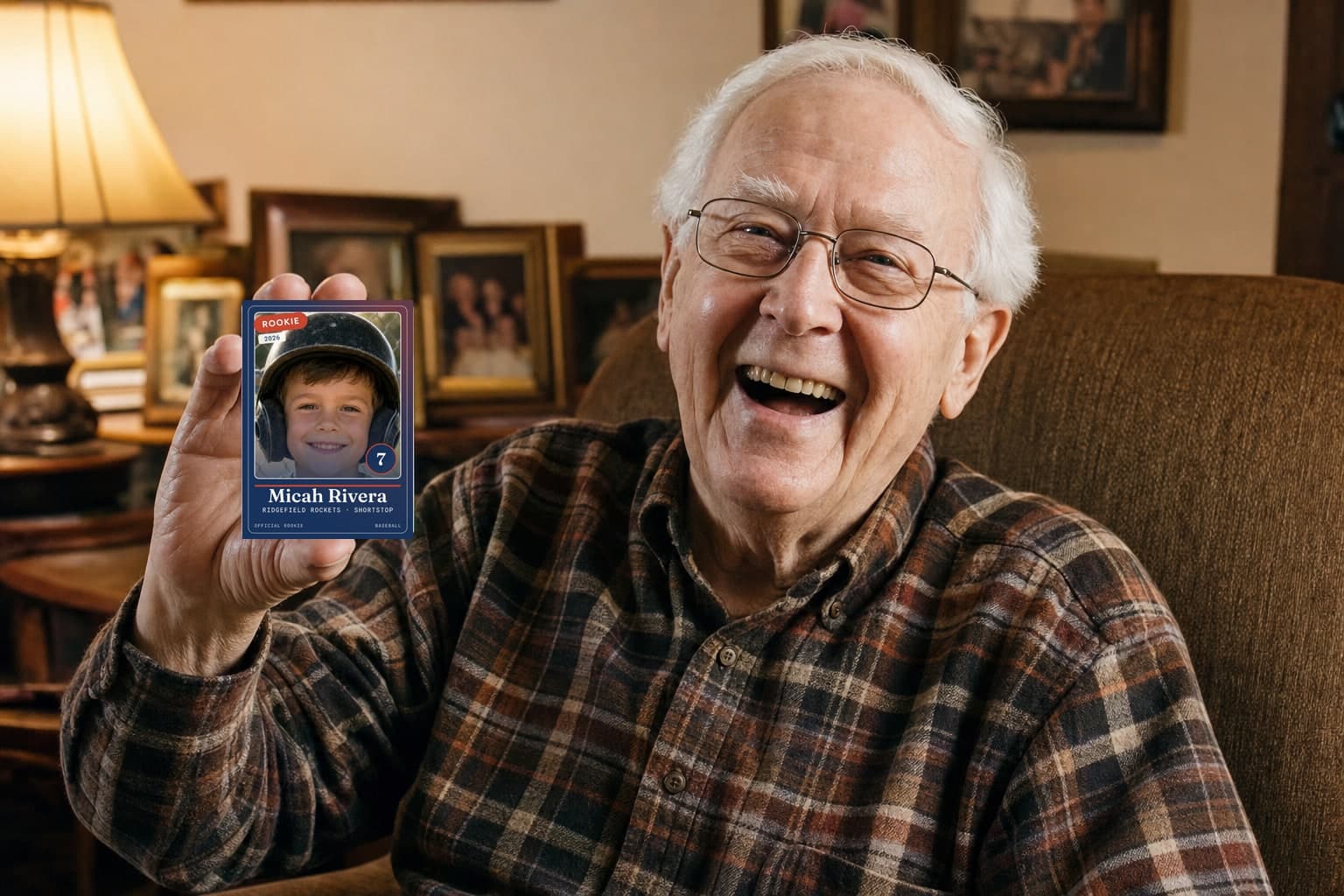 A grandfather in an armchair at home, laughing as he holds up his grandson's rookie card