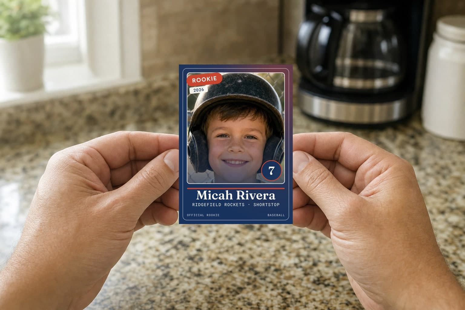 A pair of adult hands holding a rookie card over a kitchen counter in morning light