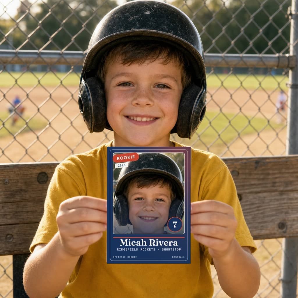 A young baseball player in a batting helmet on a dugout bench, holding up his own rookie card with both hands