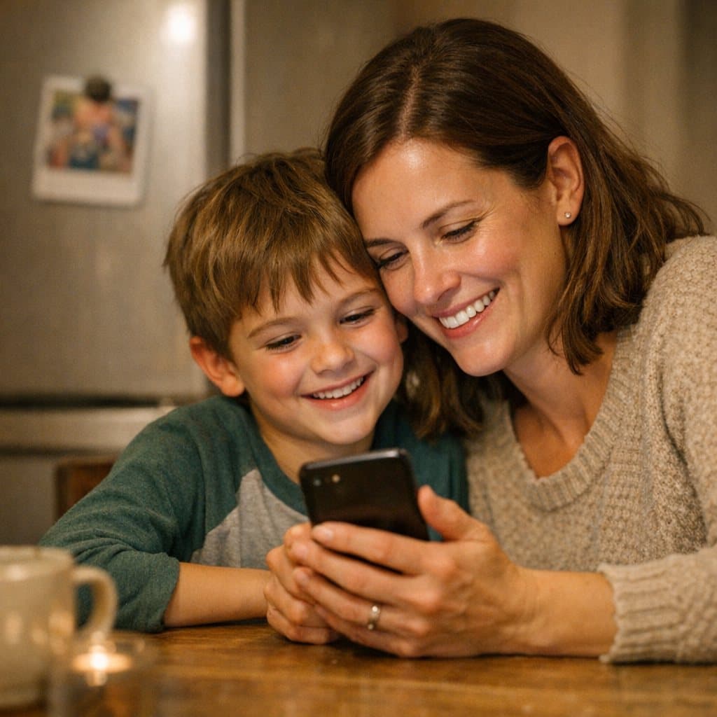 A mother and her son at a kitchen table in the evening, heads together, smiling at a phone