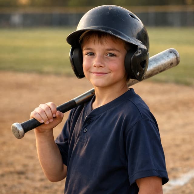 The photograph a parent sends: a boy in a batting helmet with a bat on his shoulder