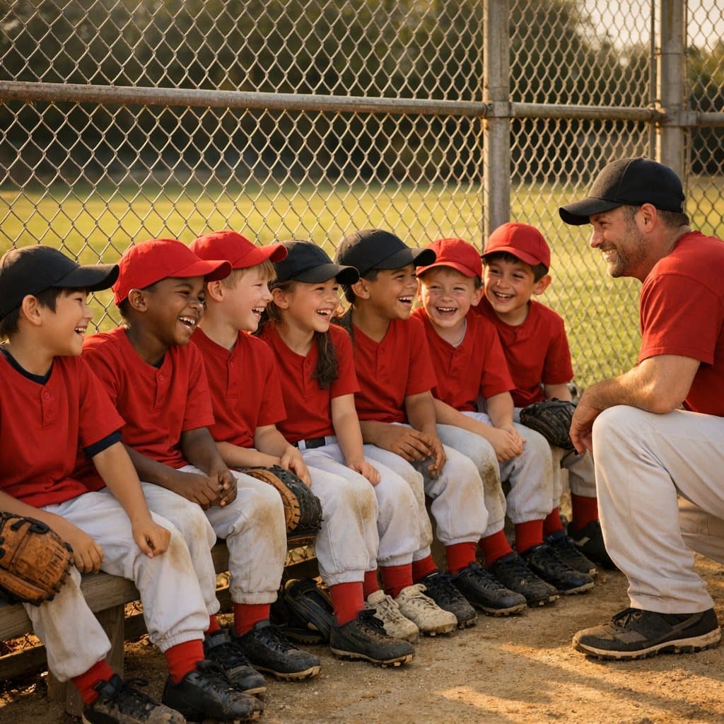 Eight children in matching red jerseys laughing together along a dugout bench, with their coach at the end